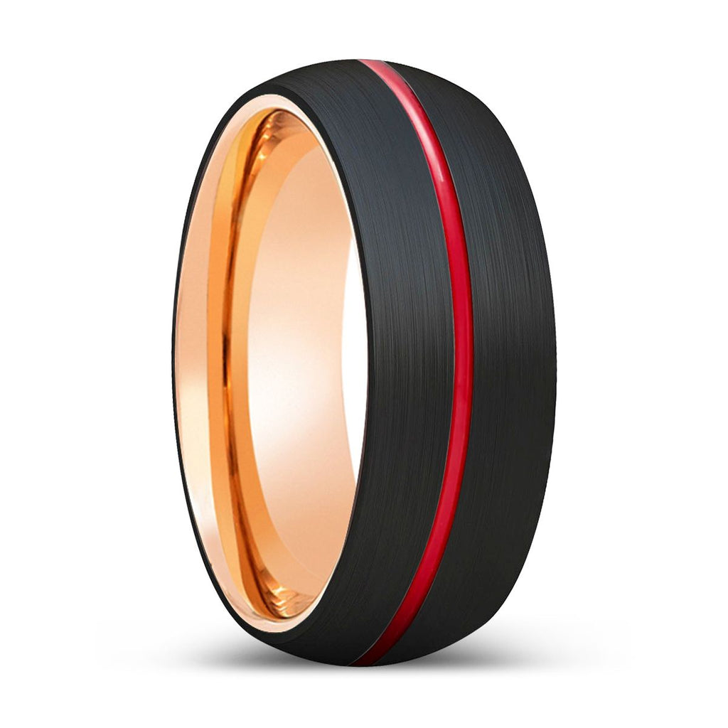 YOGHI | Rose Gold Black Domed Red Groove Tungsten Ring