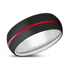 MACHO | Silver Black Domed Red Groove Tungsten Ring