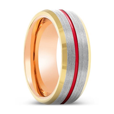 SANDMAN | Rose Gold Silver Red Groove Gold Beveled Edges Tungsten Ring