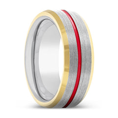 DYNAMO | Silver Red Groove Gold Beveled Edges Tungsten Ring