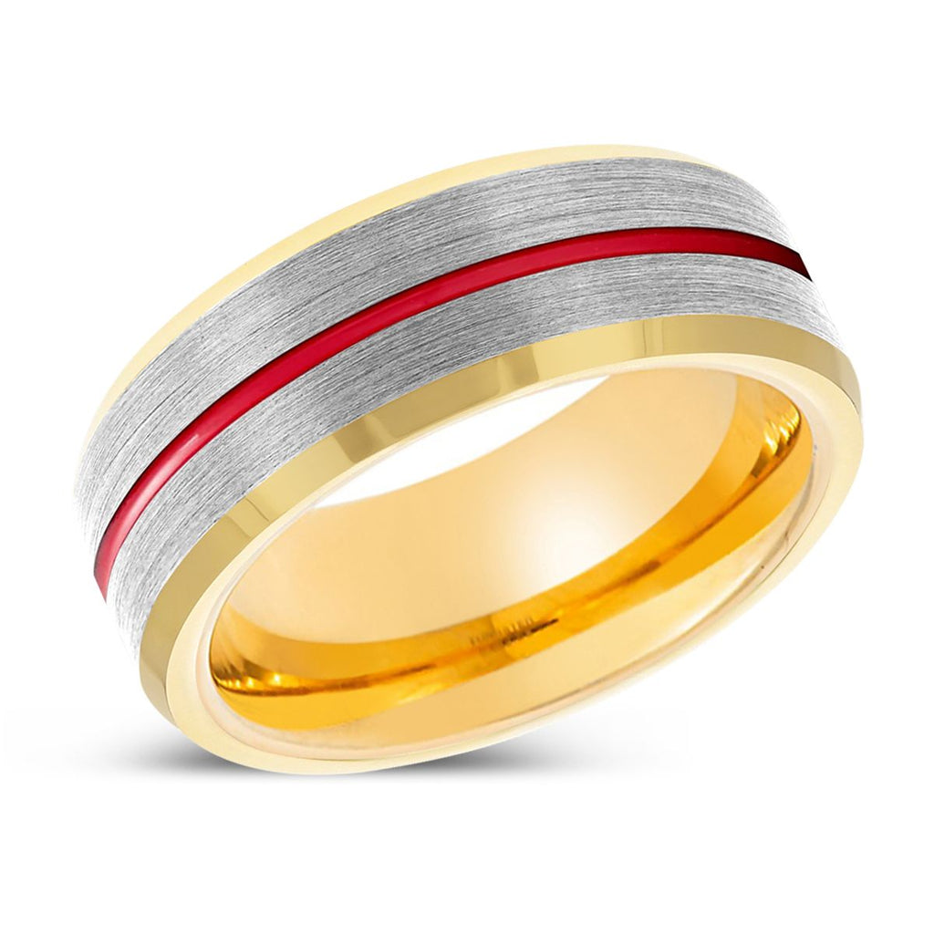 FALCON | Gold & Silver Red Groove Gold Beveled Edges Tungsten Ring