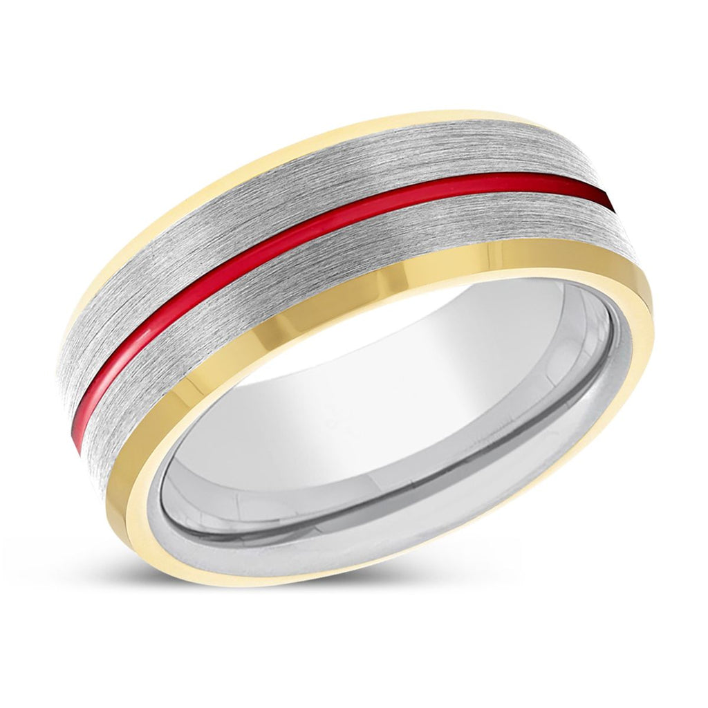 DYNAMO | Silver Red Groove Gold Beveled Edges Tungsten Ring