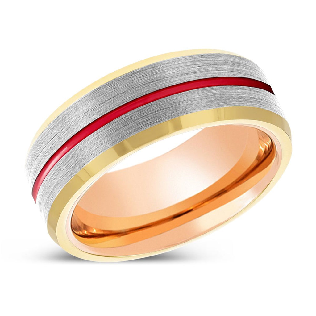 SANDMAN | Rose Gold Silver Red Groove Gold Beveled Edges Tungsten Ring