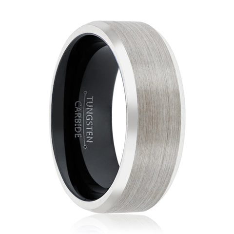 PANDA | Black Silver Brushed Beveled Edges Tungsten Ring