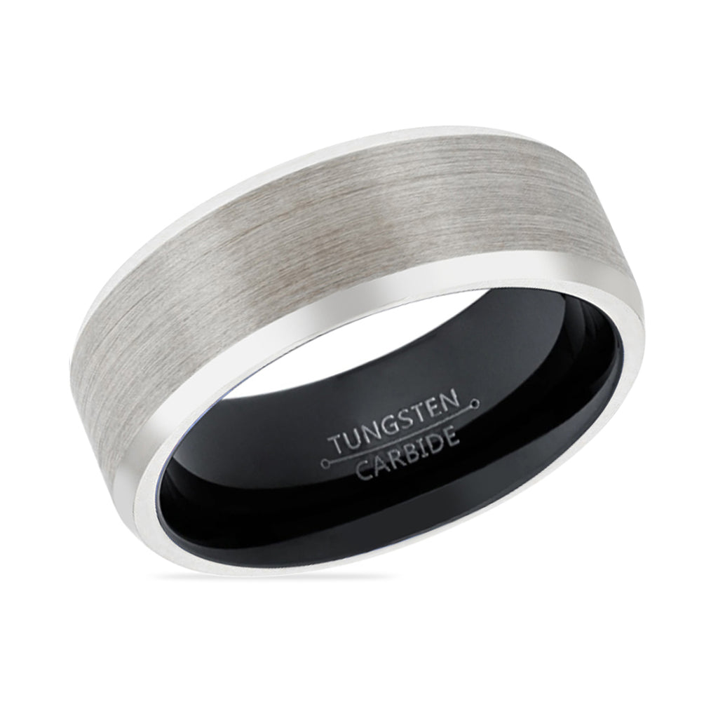 PANDA | Black Silver Brushed Beveled Edges Tungsten Ring