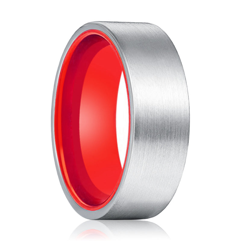 MACAU | Red Silver Flat Brushed Tungsten Ring