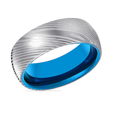 NEPTUNE | Silver Damascus Blue Steel Ring