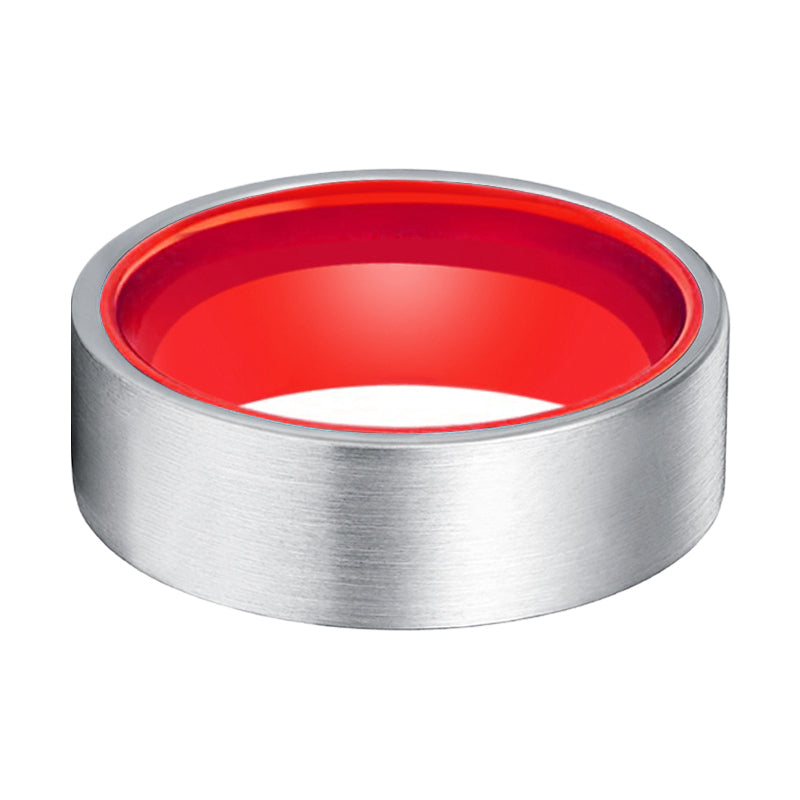 MACAU | Red Silver Flat Brushed Tungsten Ring