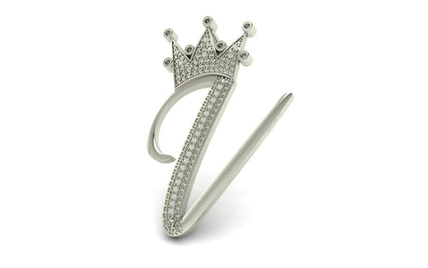 Royal Bliss Crown Cursive Initials Rhodium Plated 925 Silver With Real Diamond Stones