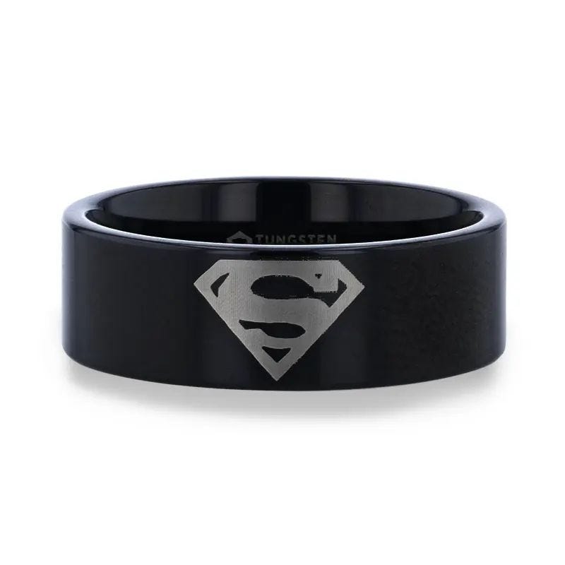 Superman Symbol Hero Black Tungsten Engraved Ring - 6mm - 12mm