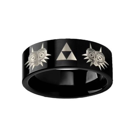 Legend of Zelda Majora Mask Triforce Black Tungsten Engraved Ring - 6mm - 12mm