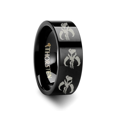 Mandalorian Symbol Star Wars Polished Black Tungsten Engraved Ring Jewelry - 6mm - 12mm