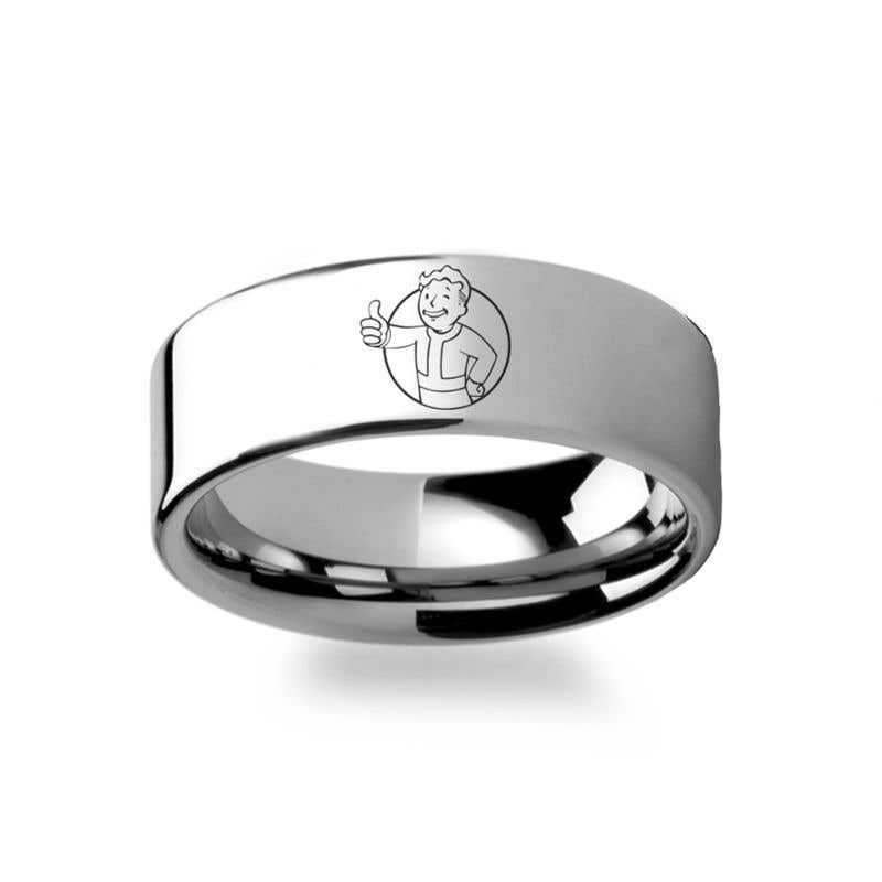 Fallout 4 Vault Boy Vault-Tec Mascot Symbol Polished Tungsten Engraved Ring Jewelry - 2mm - 12mm