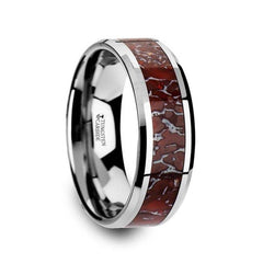 JURASSIC Red Dinosaur Bone Inlaid Tungsten Carbide Beveled Edged Ring - 4mm & 8mm