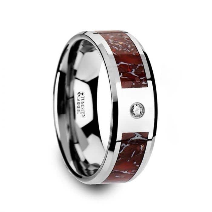 Red Dinosaur Bone Inlaid Tungsten Carbide Diamond Wedding Band with Beveled Edges - 8mm