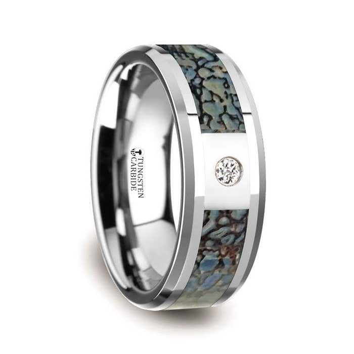 Blue Dinosaur Bone Inlaid Tungsten Carbide Diamond Wedding Band with Beveled Edges - 8mm