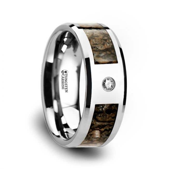 Brown Dinosaur Bone Inlaid Tungsten Carbide Diamond Wedding Band with Beveled Edges - 8mm