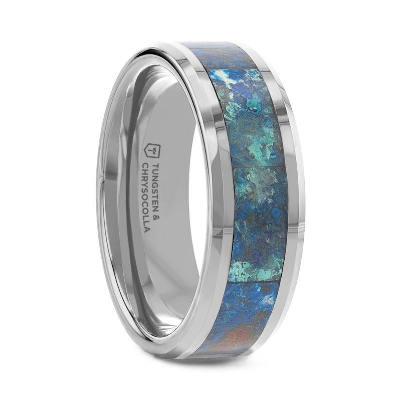 CALYPSO Tungsten Beveled Wedding Band with Chrysocolla Inlay - 8mm