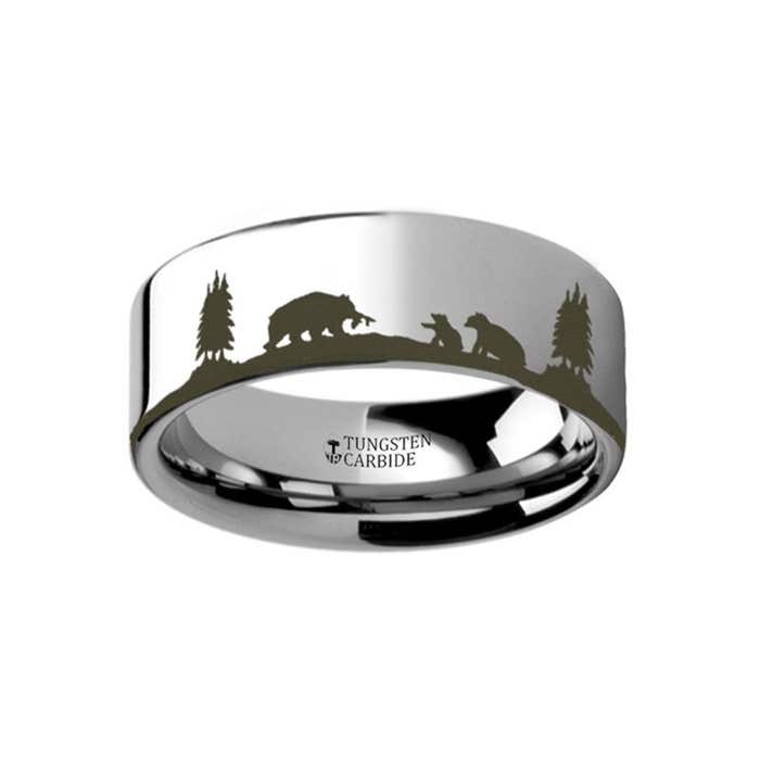 Animal Landscape Scene Bears Bear Cubs Ring Engraved Flat Tungsten Ring - 4mm - 12mm