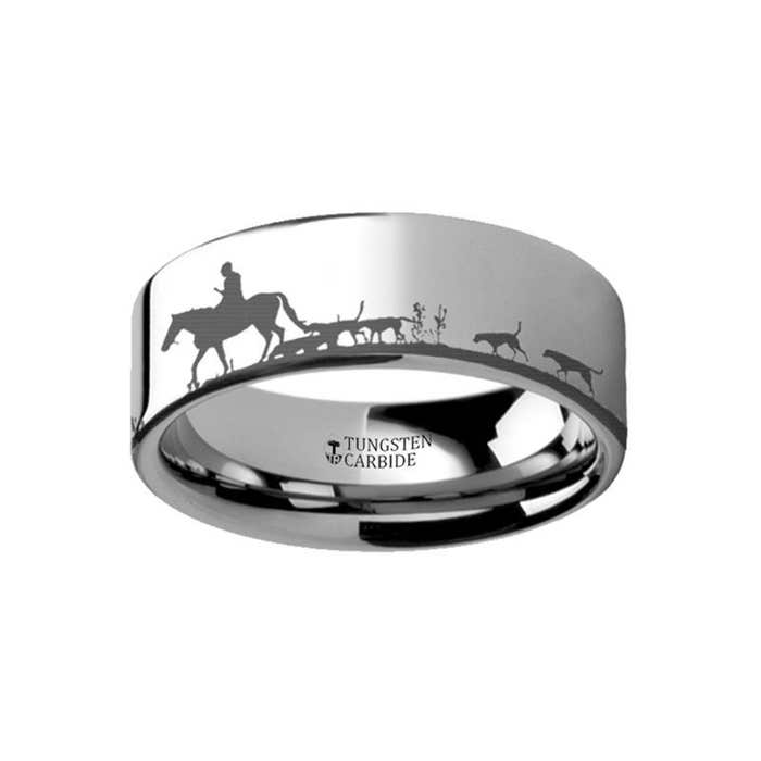 Animal Landscape Scene Fox Hunt Hunting Ring Engraved Flat Tungsten Ring - 4mm - 12mm