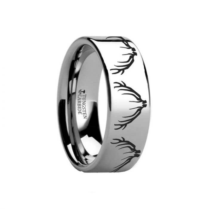 Deer Elk Antler Engraved Ring Flat Tungsten Ring Polished- 4mm - 12mm