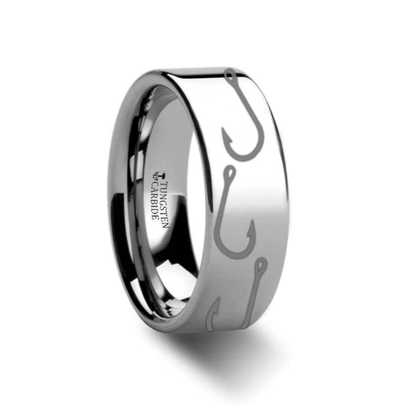 Fishing Hook Pattern Ring Engraved Flat Tungsten Ring - 4mm - 12mm