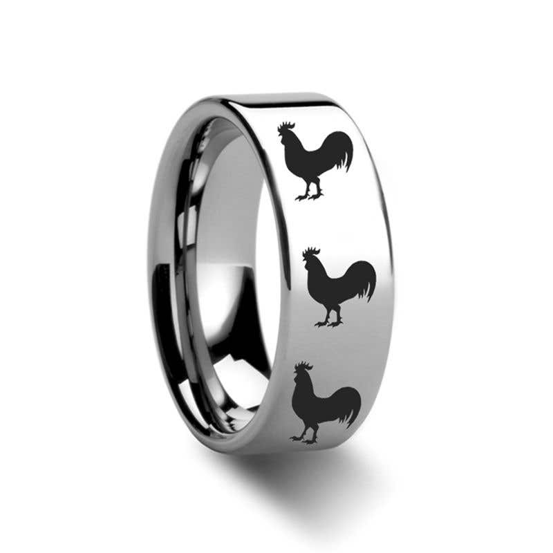 Animal Rooster Print Ring Engraved Flat Tungsten Ring - 4mm - 12mm