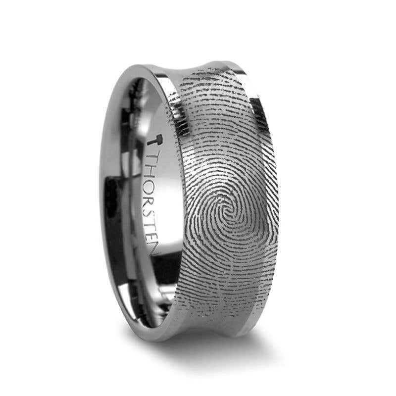 Fingerprint Ring Engraved Concave Tungsten Ring Brushed Center - Trevico - 8mm