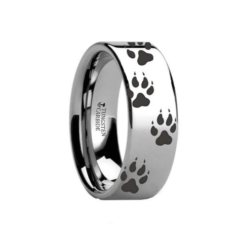 Animal Track Wolf Print Ring Engraved Flat Tungsten Polished- 4mm - 12mm