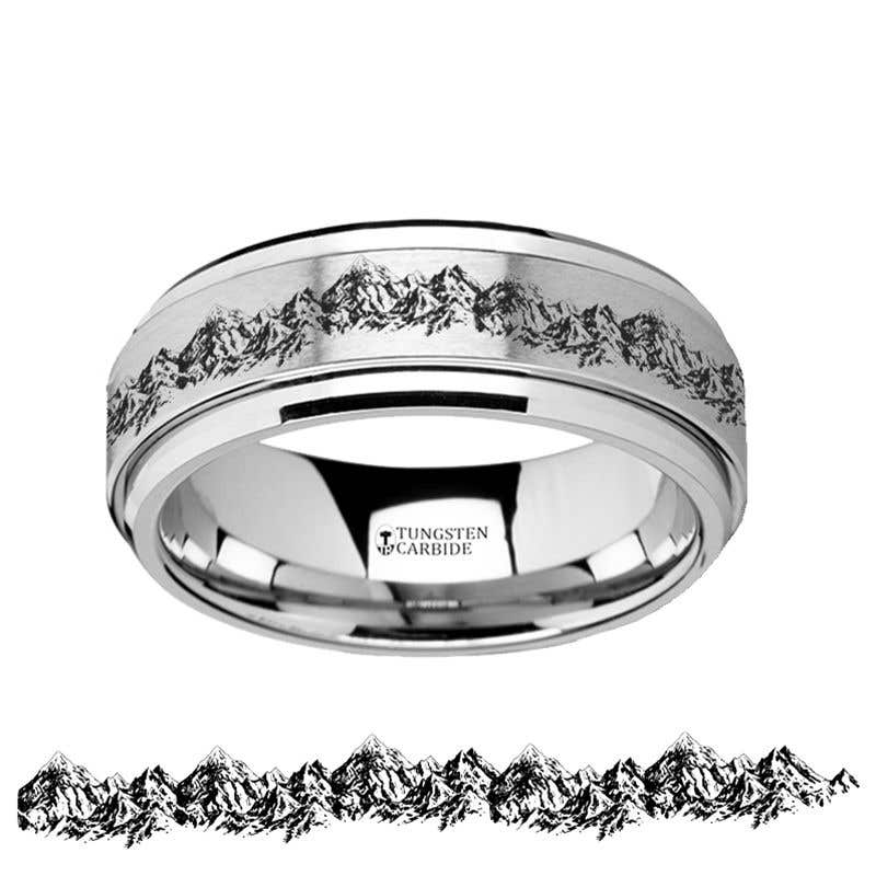 Spinning Engraved Mountain Range Tungsten Carbide Spinner Wedding Band - 8mm