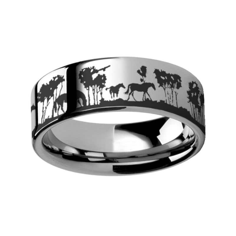 Animal Landscape Wild Horse Scene Ring Engraved Flat Tungsten Ring - 4mm - 12mm