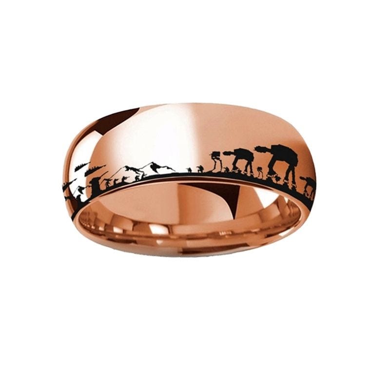 Hoth Battle Star Wars Alliance Galactic Imperial Invasion ATAT ATST Rose Gold Plated Tungsten Engraved Ring - 4mm - 8mm