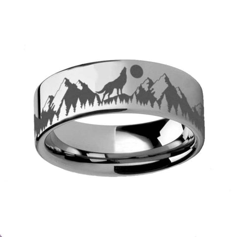 Howling Wolf Moon Mountain Ring Engraved Flat Tungsten Polished - 4mm - 12mm