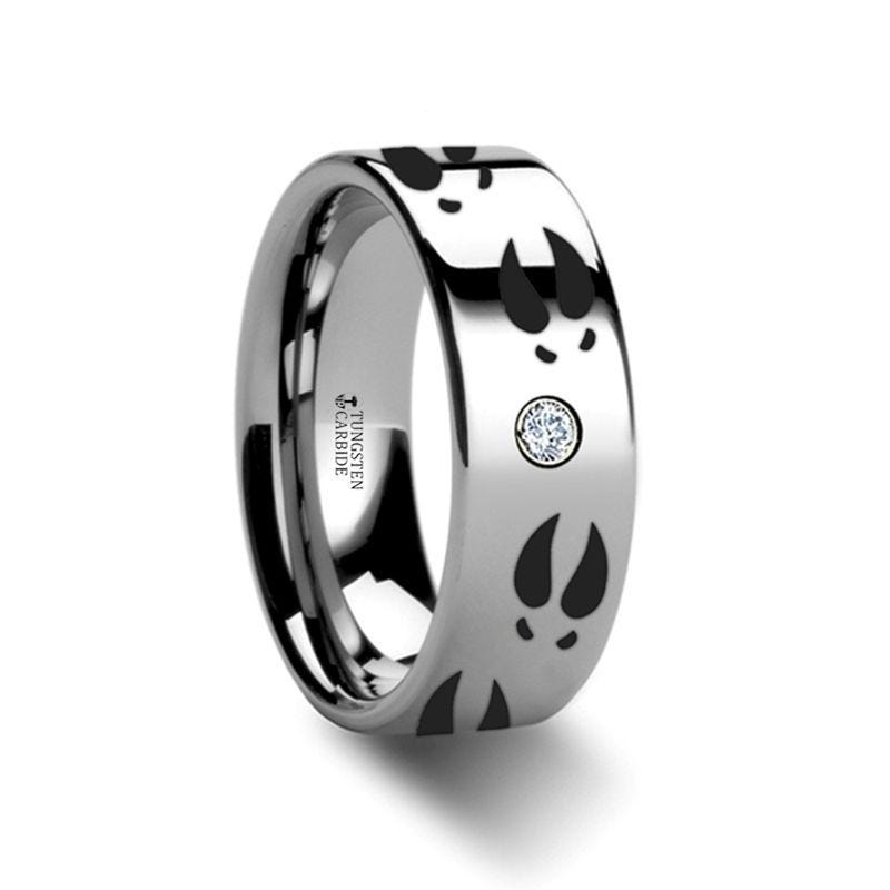 Deer Print Animal Track Ring Engraved Flat Tungsten Diamond Ring - 6mm - 8mm