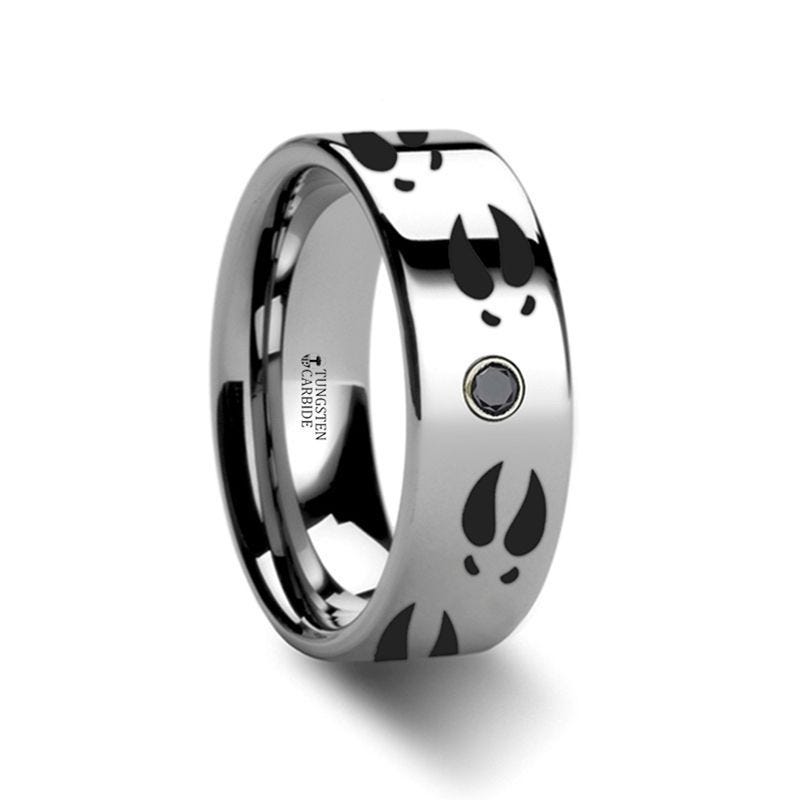 Deer Print Animal Track Ring Engraved Flat Tungsten Black Diamond Ring - 6mm - 8mm