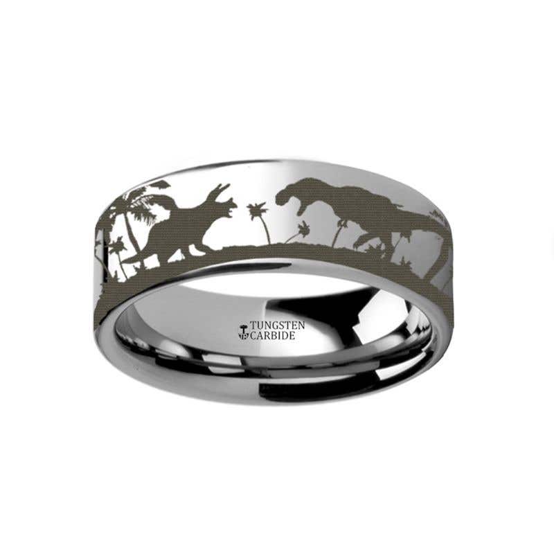 Prehistoric Dinosaur Jurassic Themed Portrait Ring Engraved Flat Tungsten Ring - 4mm - 12mm