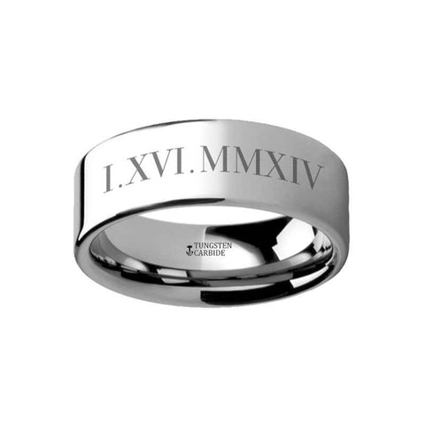 Roman Numeral Date Engraved Flat Tungsten Ring Polished - 4mm - 12mm