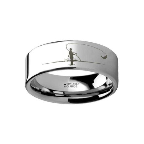 Hunting Landscape Scene Fly Fishing Fishermen Fish Ring Engraved Flat Tungsten Ring - 4mm - 12mm