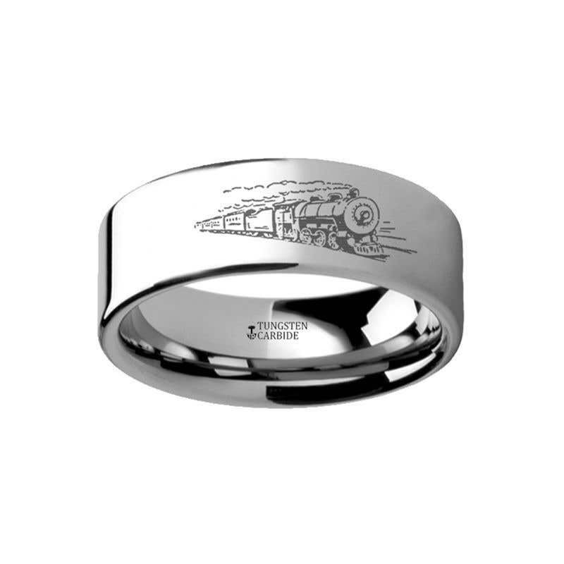 Train Conductor Railroad Landscape Ring Engraved Flat Tungsten Ring - 4mm - 12mm