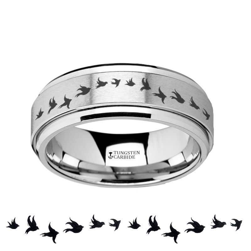 Spinning Engraved Flying Birds Tungsten Carbide Spinner Wedding Band - 8mm