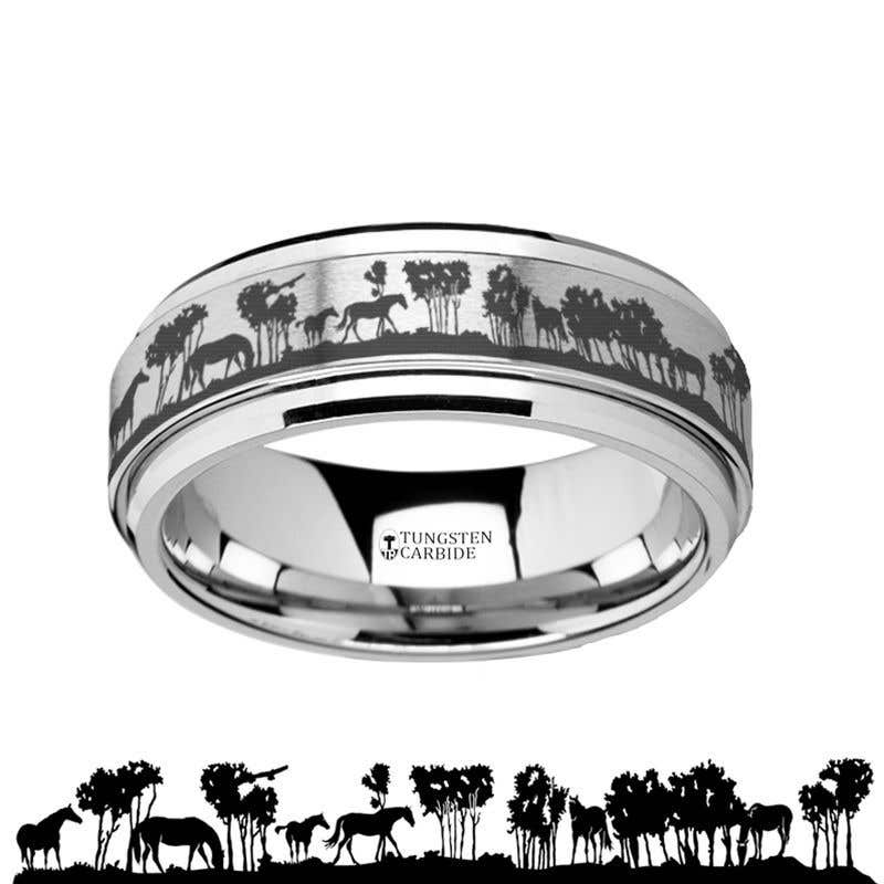 Spinning Engraved Wild Horse Scene Tungsten Carbide Spinner Wedding Band - 8mm