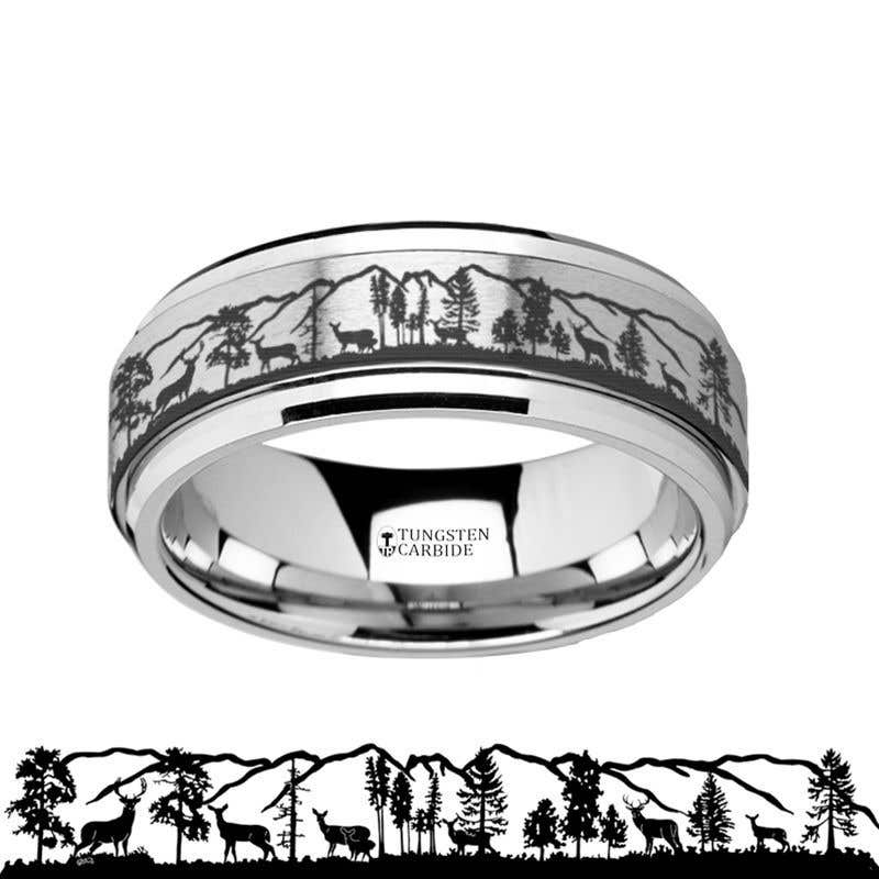 Spinning Engraved Roaming Deer Stag Tungsten Carbide Spinner Wedding Band - 8mm