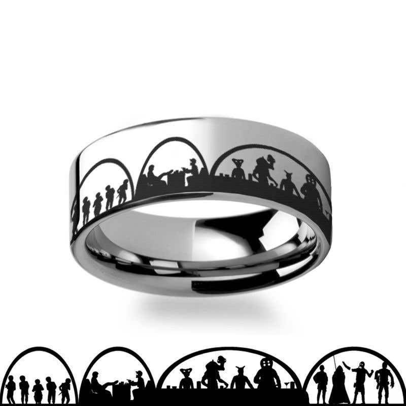 Mos Eisley Cantina A New Hope Star Wars Greedo and Han Solo Tungsten Engraved Ring - 4mm - 12mm