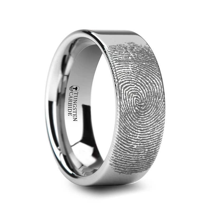 Fingerprint Engraved Flat Pipe Cut Tungsten Ring Polished - Spartan - 4mm - 12mm