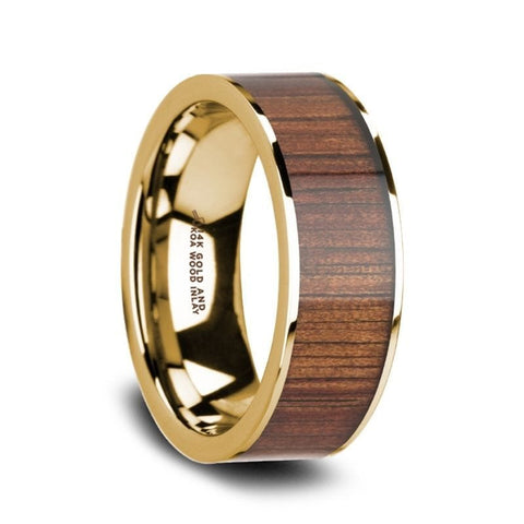 AURELIAN 14K Flat Pipe Cut Yellow Gold Ring Wedding Band with Rare Koa Wood Inlay and Polished Edges - 8mm