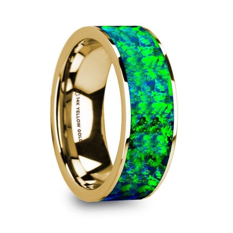 AGAPIOS Flat Polished 14K Yellow Gold with Emerald Green and Sapphire Blue Opal Inlay - 8mm