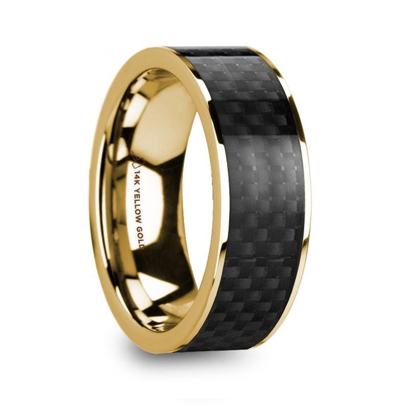 BARUCH Polished 14k Yellow Gold Men’s Wedding Ring with Black Carbon Fiber Inlay - 8mm