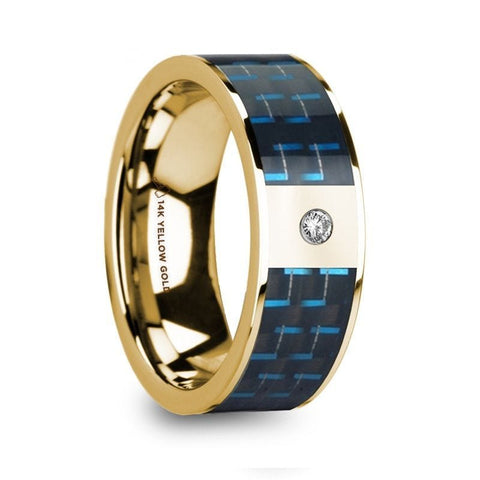 CLETUS Polished 14k Yellow Gold & Black/Blue Carbon Fiber Mens Wedding Band with Diamond - 8mm