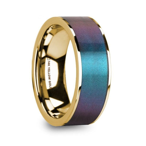 EUGEN Blue/Purple Color Changing Inlaid 14k Yellow Gold Mens Polished Wedding Ring - 8mm