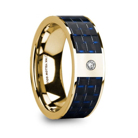 FLAVIA Mens 14k Yellow Gold Flat Wedding Ring with Diamond Center & Blue/Black Carbon Fiber Inlay - 8mm